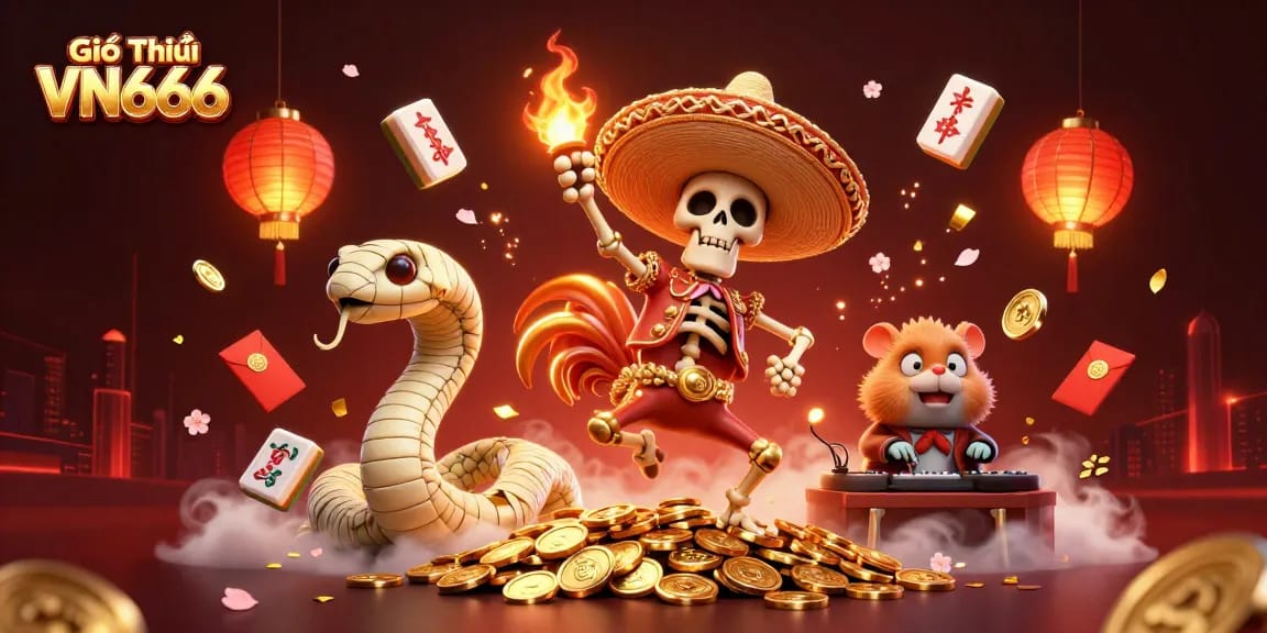 Giới Thiệu VN666 offers an engaging casino experience with vibrant characters in a fantasy treasure dance.
