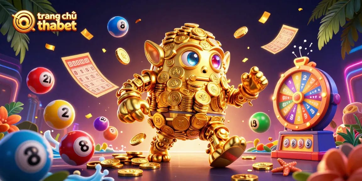 Engage in the vibrant world of trang chủ thabet, featuring colorful lottery elements and golden golem in a dynamic casino scene.