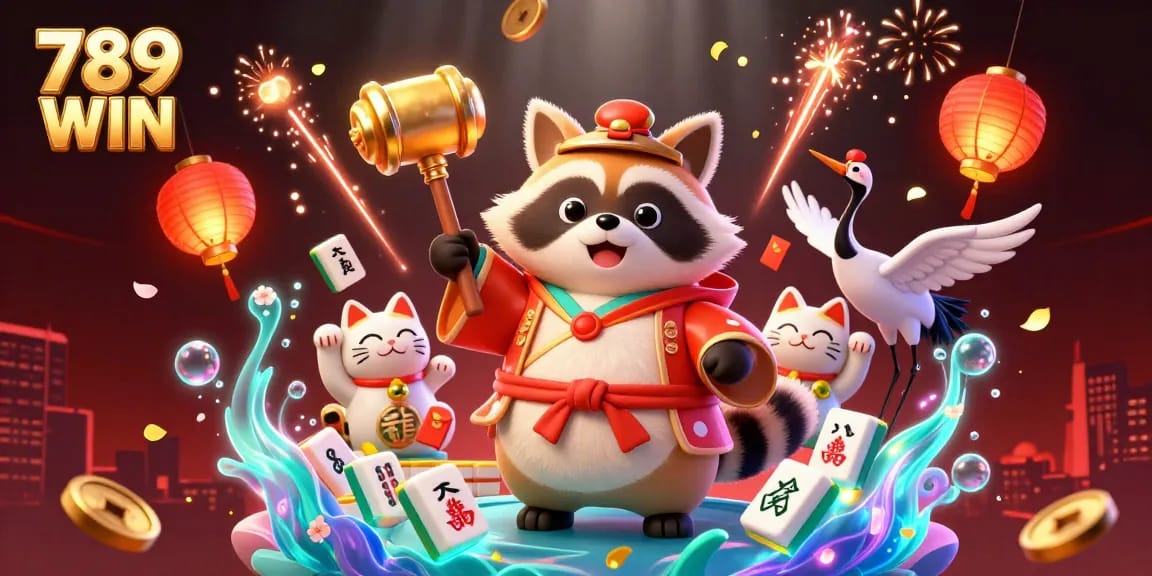 Engage with the vibrant 789 WIN casino scene, showcasing a cheerful tanuki and lucky charms in action.