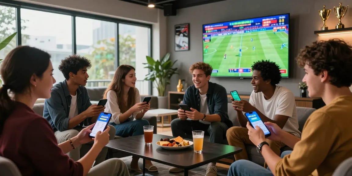 BOLA88 sports betting excitement with friends around live match displays in a modern lounge.