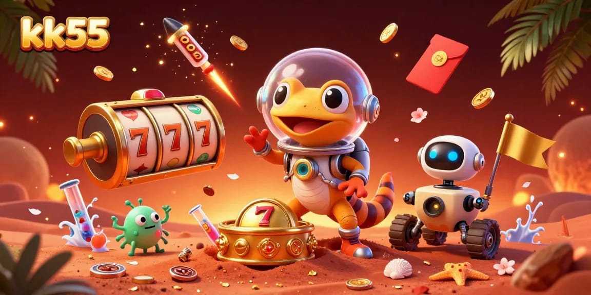 kk55 the Martian gecko uncovers a golden casino amidst swirling lucky symbols and vibrant colors