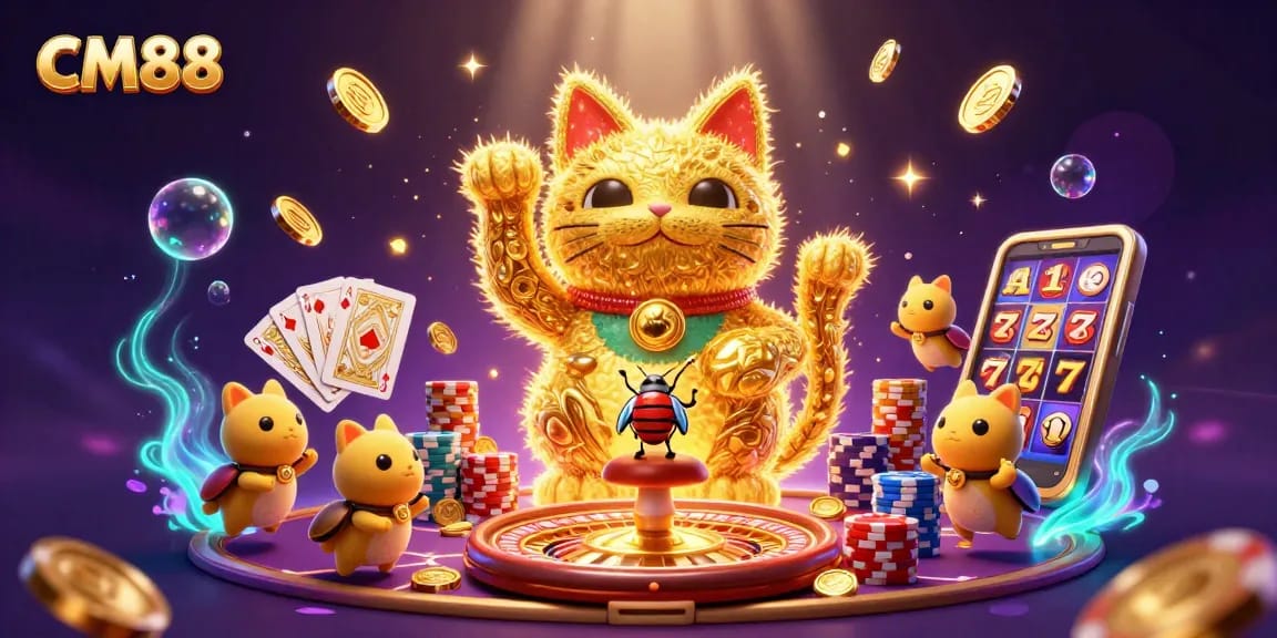 CM88 showcases a vibrant 3D lucky cat illustration among casinos symbols, enhancing your gaming experience.