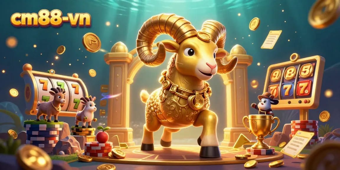Experience cm88-vn with an exciting jackpot scene featuring a golden ram and dynamic slot elements.