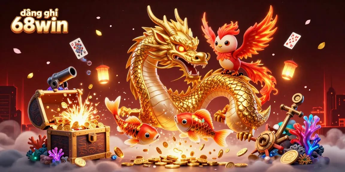 Experience the excitement of đăng ký 68win with vibrant imagery of a dragon and phoenix in a dynamic casino scene.