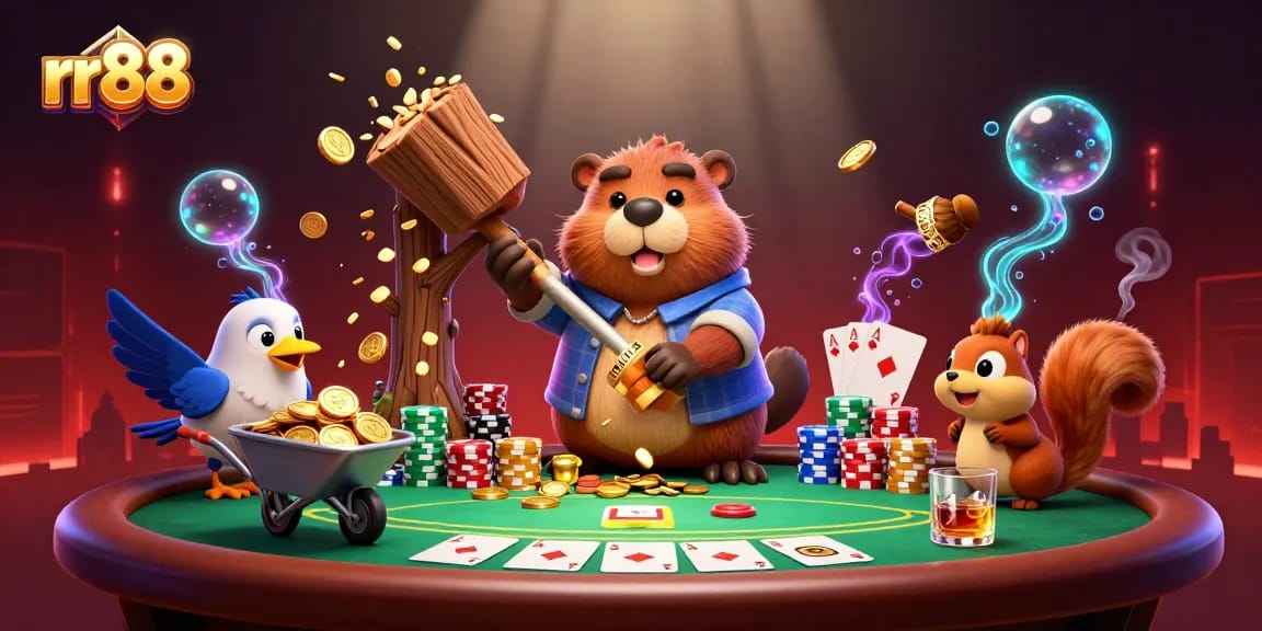 rr88 showcases an action-packed poker scene with themed characters and vibrant casino elements.