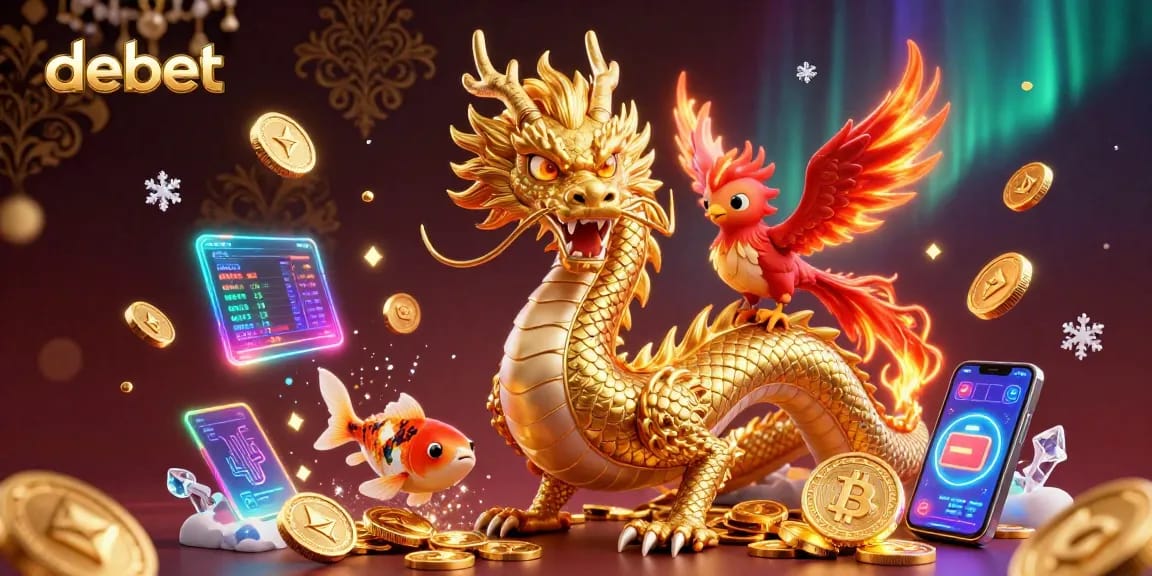 Experience debet gaming with a vibrant 3D scene of a dragon, phoenix, and koi amidst crypto elements.