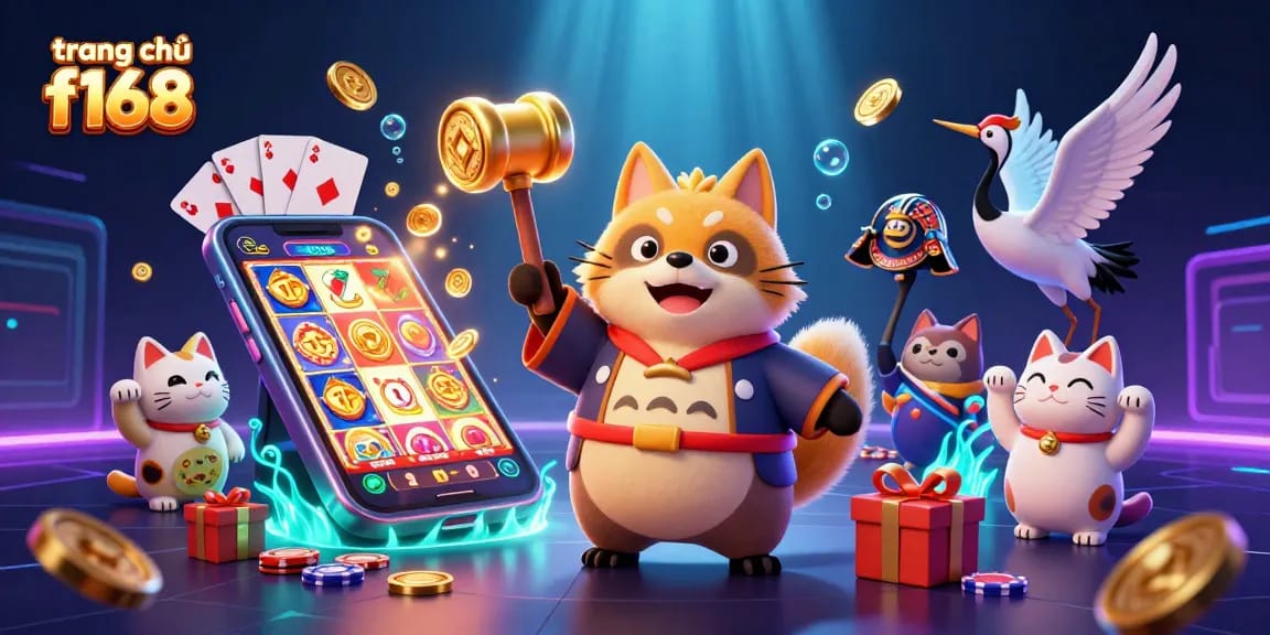 Engage with the exciting slots at trang chủ f168, featuring vibrant illustrations of lucky symbols and casino elements.