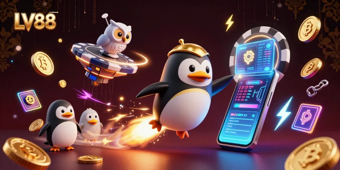 Experience LV88 with a thrilling 3D casino adventure featuring a golden penguin soaring through a vibrant digital galaxy.