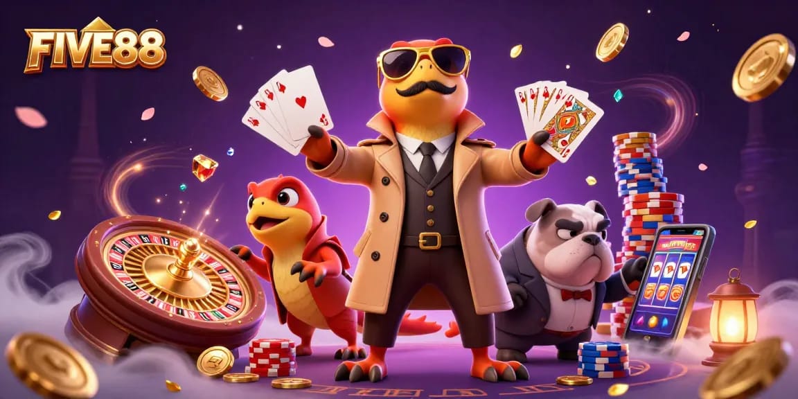 FIVE88 raptors in trench coat enter VIP lounge, surrounded by casino elements, gold coins, and roulette wheel.
