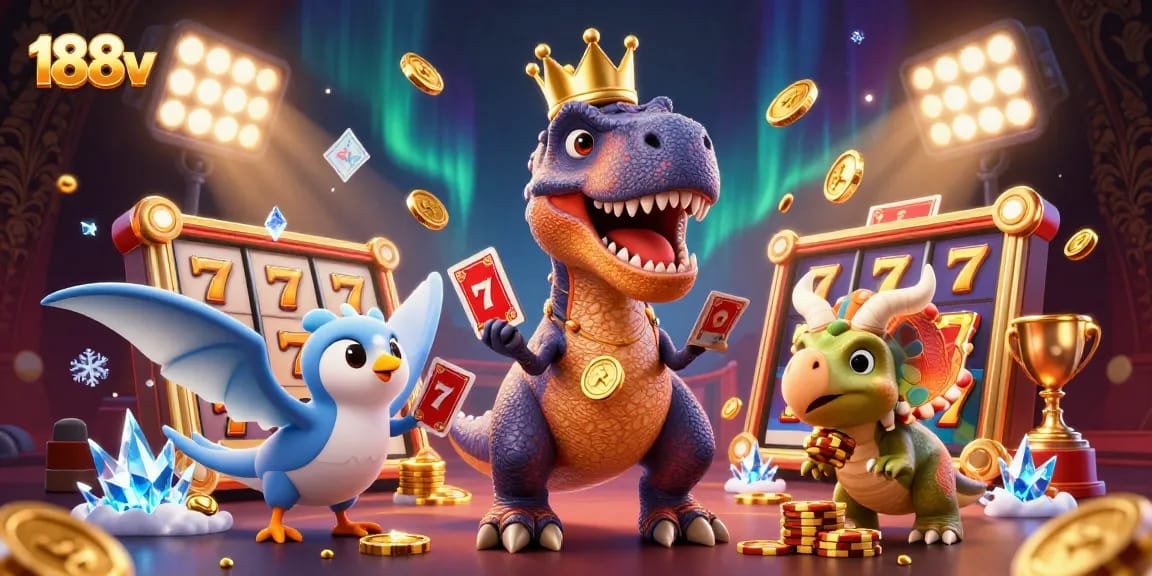 Engage with thrilling slot games at 188v featuring a charming T-Rex and vibrant gaming elements.
