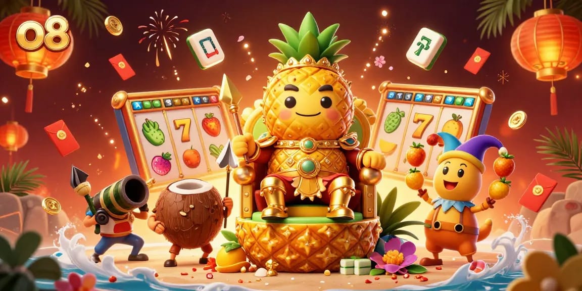 Experience the vibrant casino world with o8, showcasing a pineapple king and endless slot excitement.