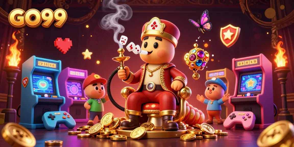Experience GO99's vibrant casino adventure with a 3D illustration featuring engaging game elements and characters.