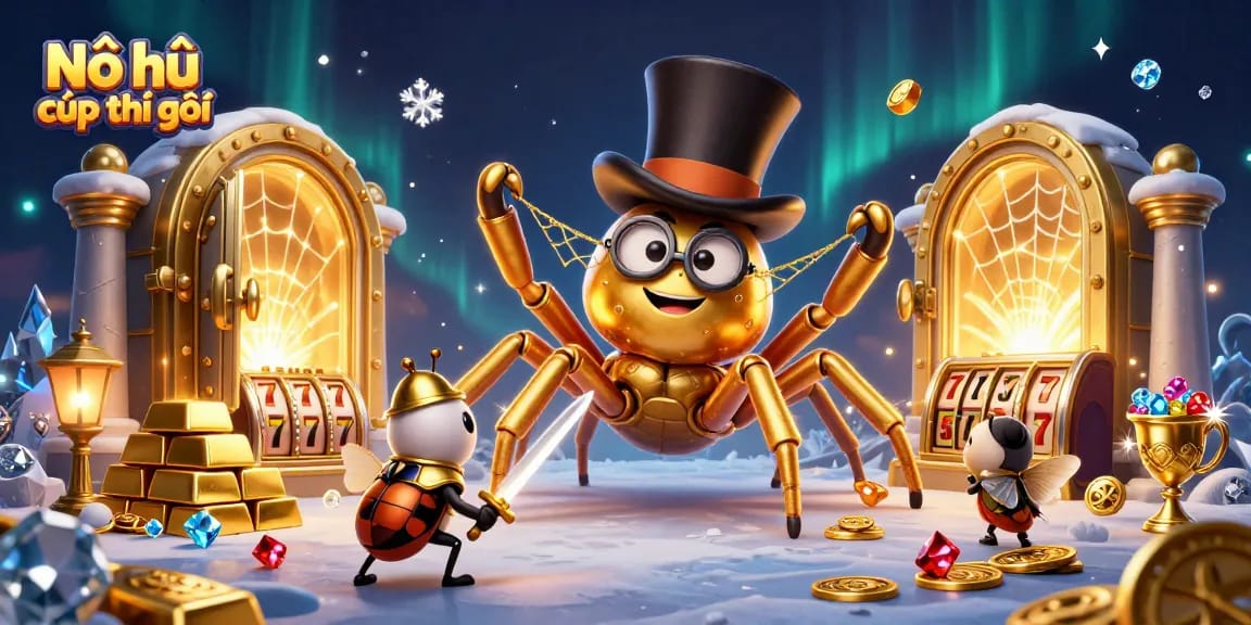 Nổ hũ cúp thế giới showcases a giant golden tarantula and a beetle knight amid dazzling slot elements.