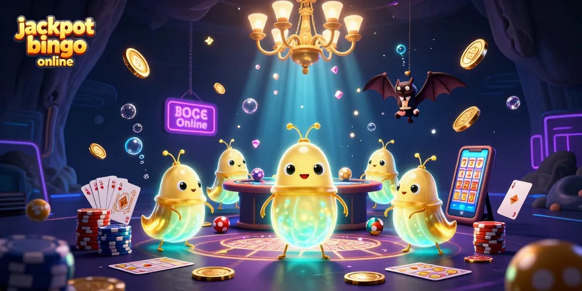 Experience thrilling jackpot bingo online with vibrant glowworms in a cave casino scene.