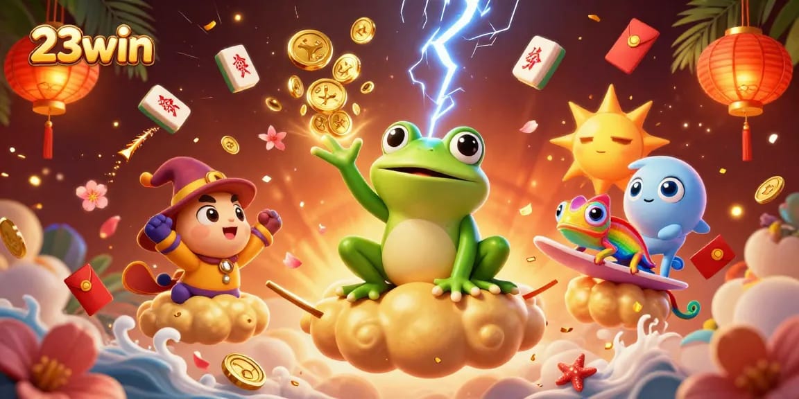 Experience the magical 23win adventure with golden coin storms and vibrant characters in a casino-themed setting.