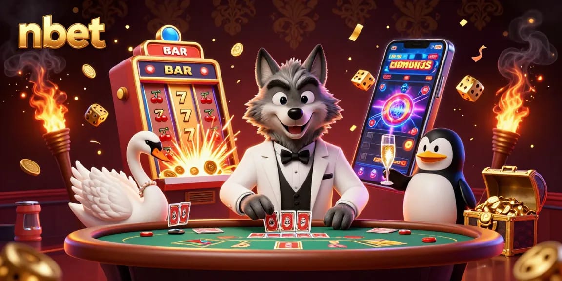 Experience thrilling wins with nbet at a vibrant casino scene featuring animated characters.