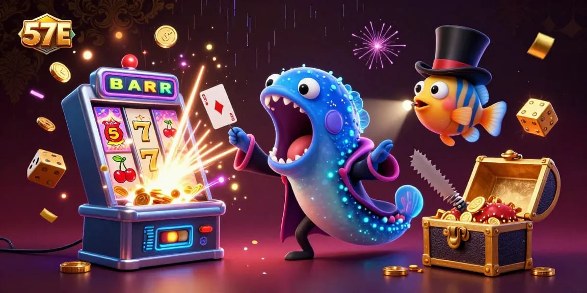 Experience thrilling gameplay with 57E’s vibrant casino scene featuring energetic characters and dynamic game elements.