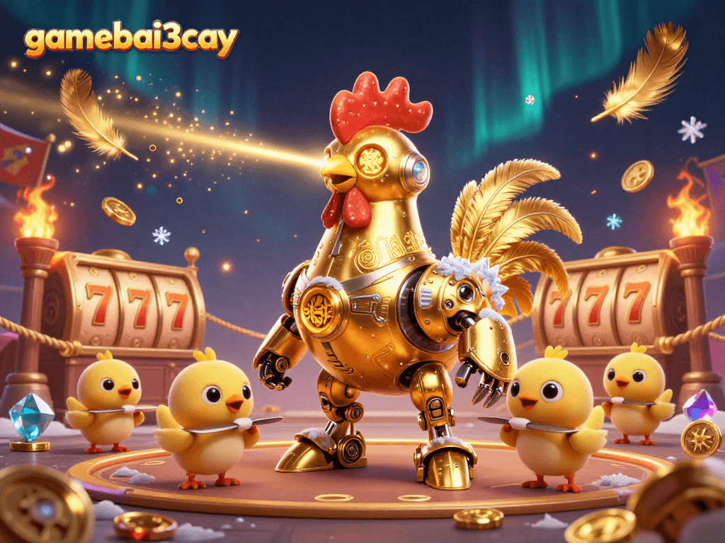 Engage with the thrilling action of gamebai3cay featuring a golden rooster robot in a dynamic casino battle.