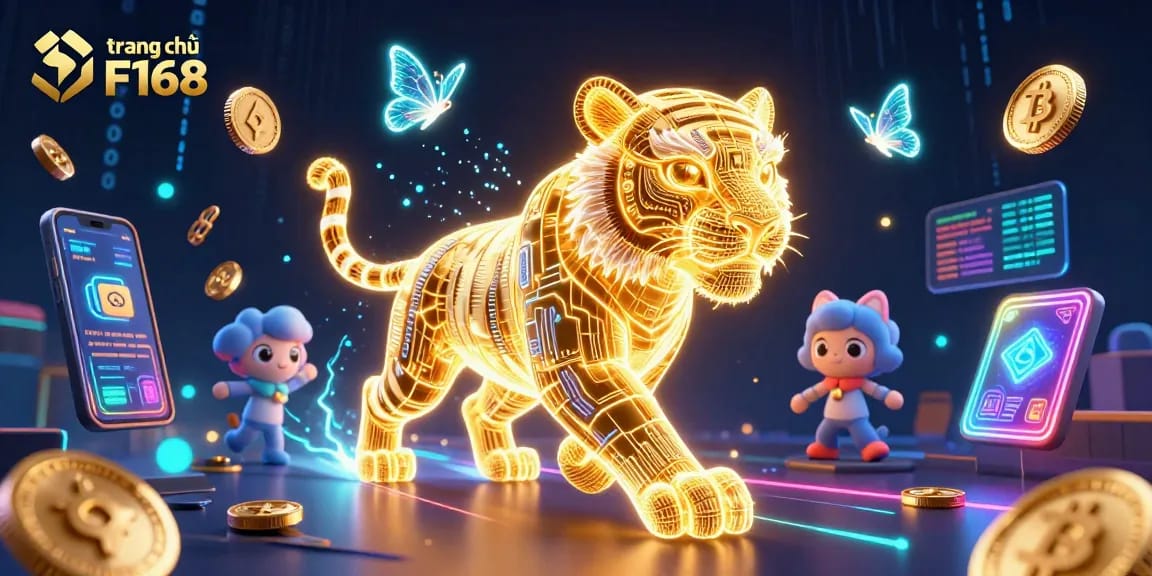 Experience the electrifying gameplay at trang chủ F168, illuminated by the neon golden tiger and crypto coins.