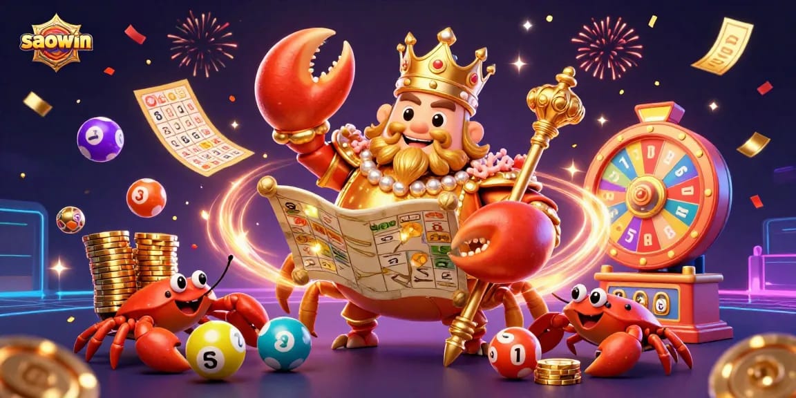 Engage with saowin's colorful world of gaming featuring a dynamic scene of a golden crab emperor and lottery elements.