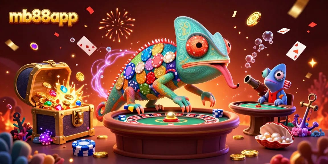 Experience exciting gameplay with mb88app as the chameleon casino owner gathers golden coins in a vibrant, 3D scene.