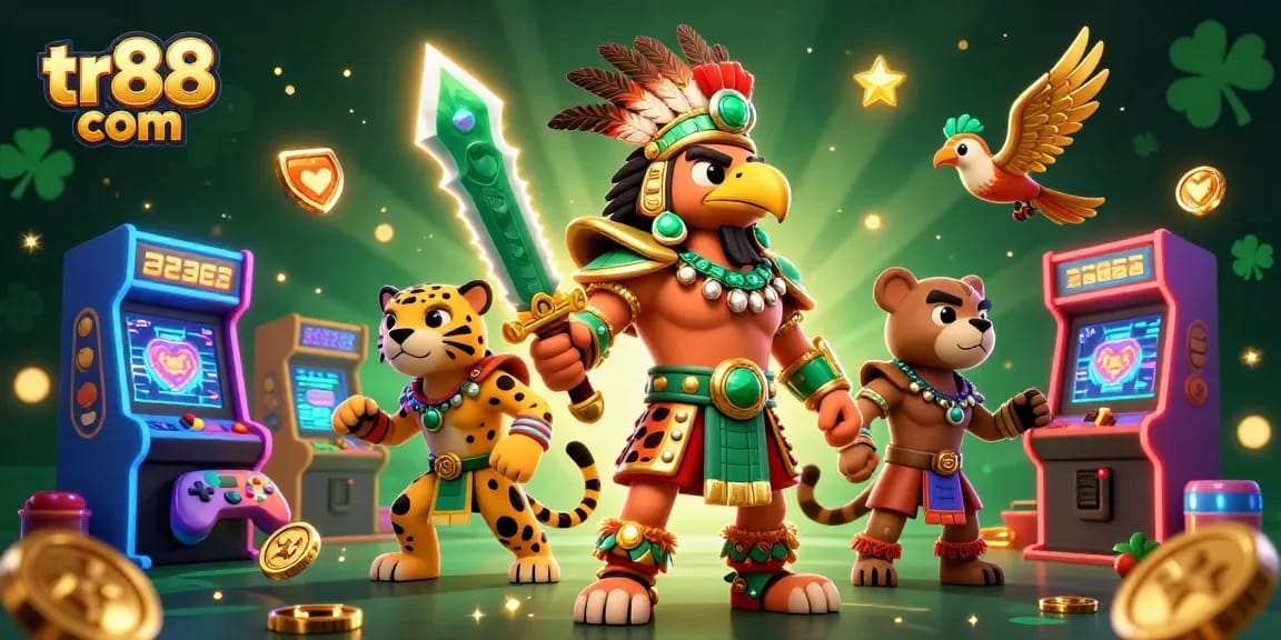 Engage in thrilling gameplay at tr88 com with vibrant scenes of Aztec warriors and dynamic casino elements.
