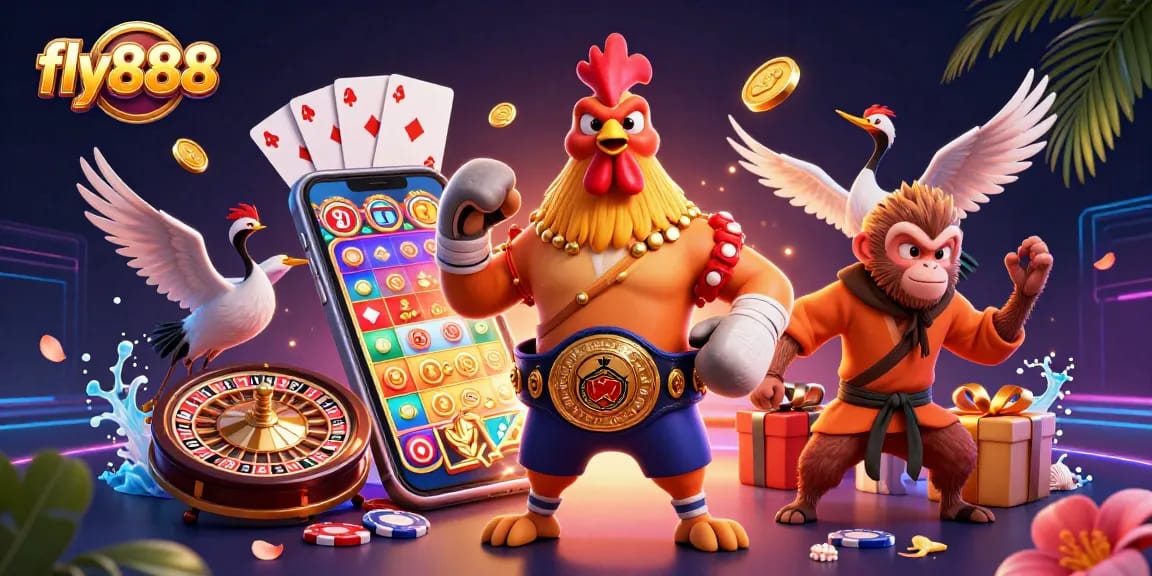 Engage in thrilling gaming at fly888 with a standout rooster, monkey, and crane surrounded by vibrant slots and casino elements.