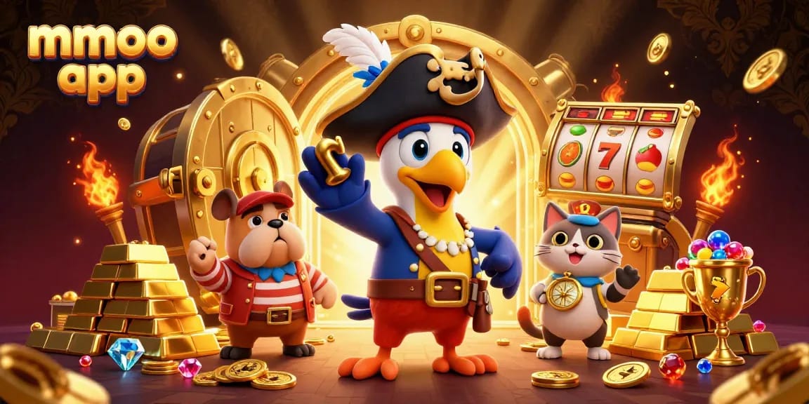 Engage with the mmoo app in an exciting slot scene featuring colorful slots and treasure.