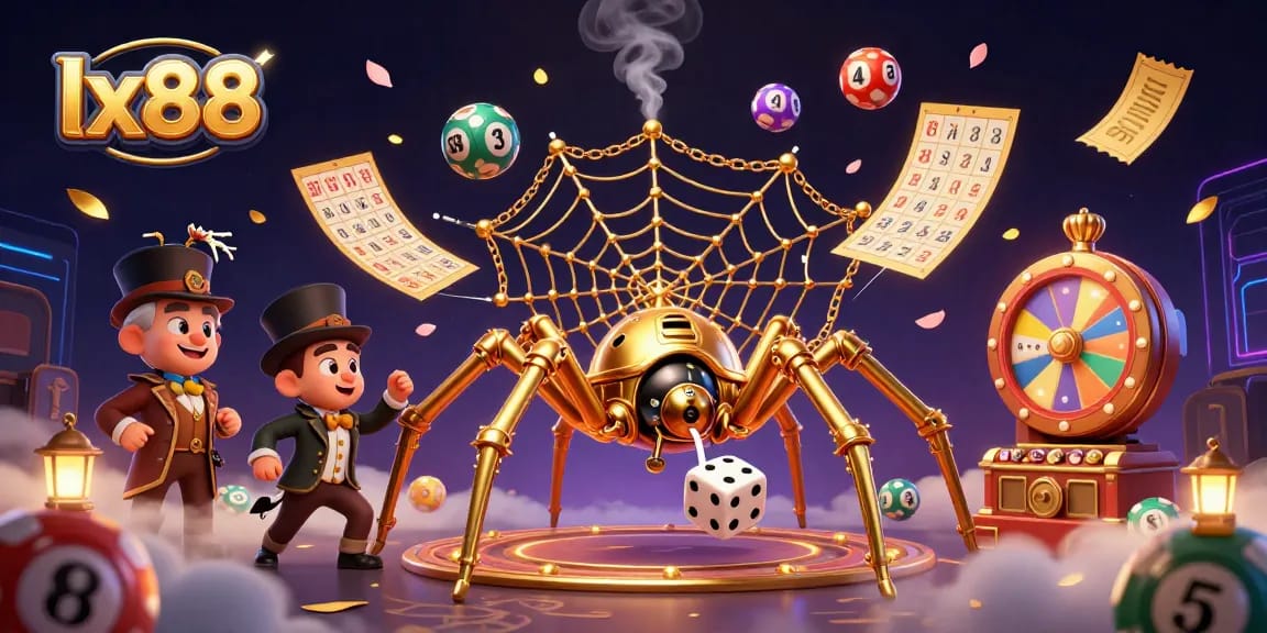 Experience exhilarating gaming at lx88 with a whimsical illustration featuring a steampunk spider and dice in a vibrant casino atmosphere.