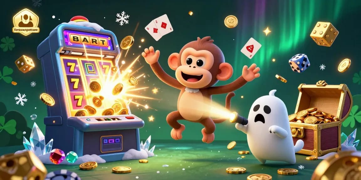 forpawspetcare showcases a playful ghost-hunter puppy tracking a mischievous poltergeist monkey in a vibrant casino.