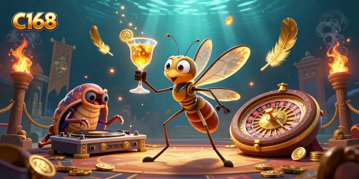 C168 casino scene featuring an amber mosquito mascot, trilobite DJ, and stunning gaming elements.