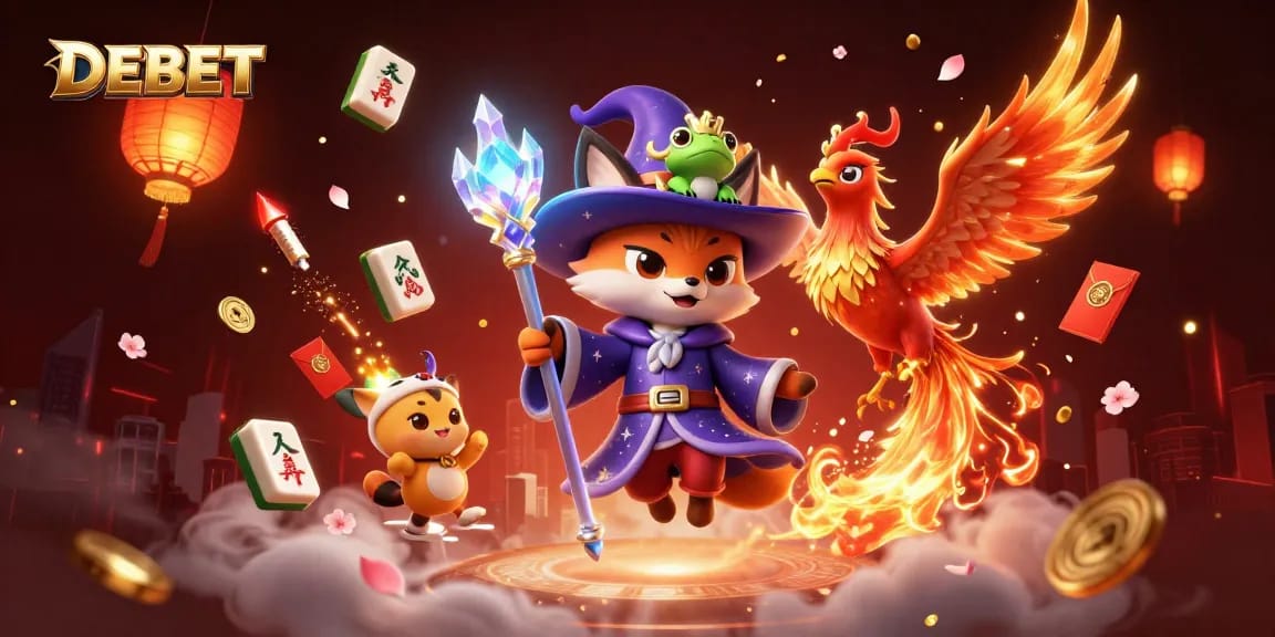 Experience the magical world of DEBET with a 3D wizard fox and phoenix amidst vibrant casino elements.