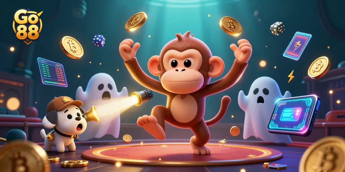 Experience excitement with Go 88 as the mischievous poltergeist juggles coins in a haunted casino.