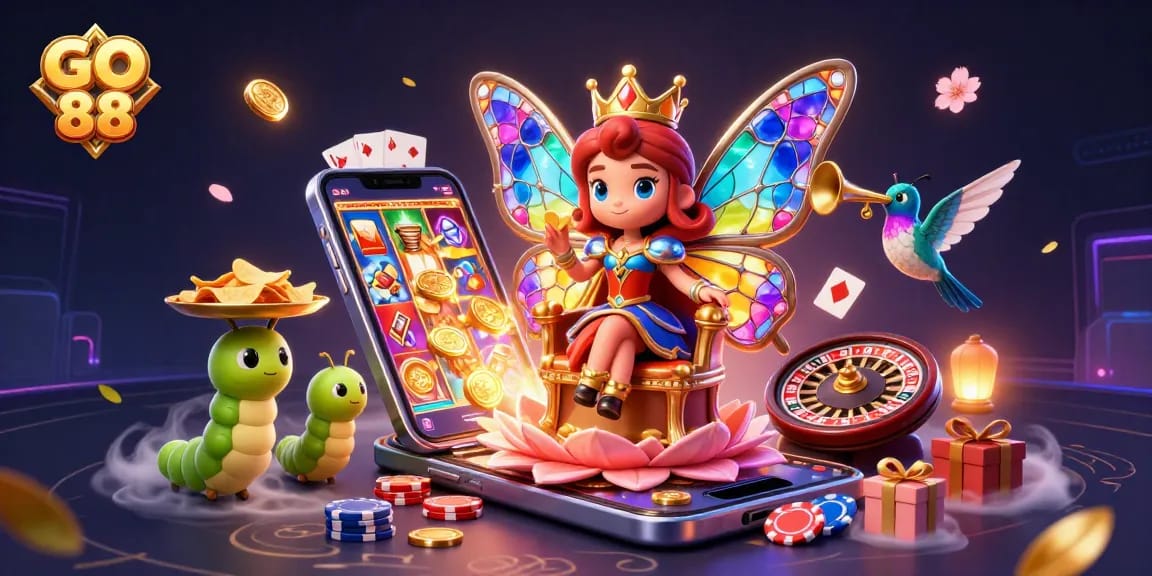 Engage in thrilling gameplay with GO 88's vibrant casino scene depicting games and rewarding experiences.