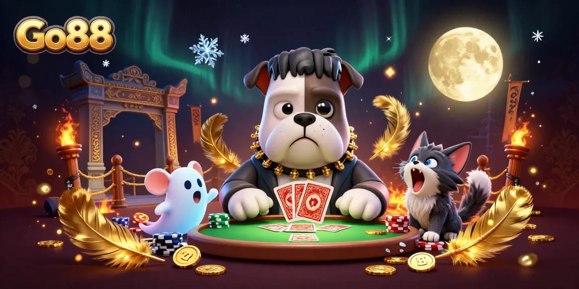 Experience Go88 gaming with a cartoon bulldog dealer at a vibrant casino scene filled with excitement.