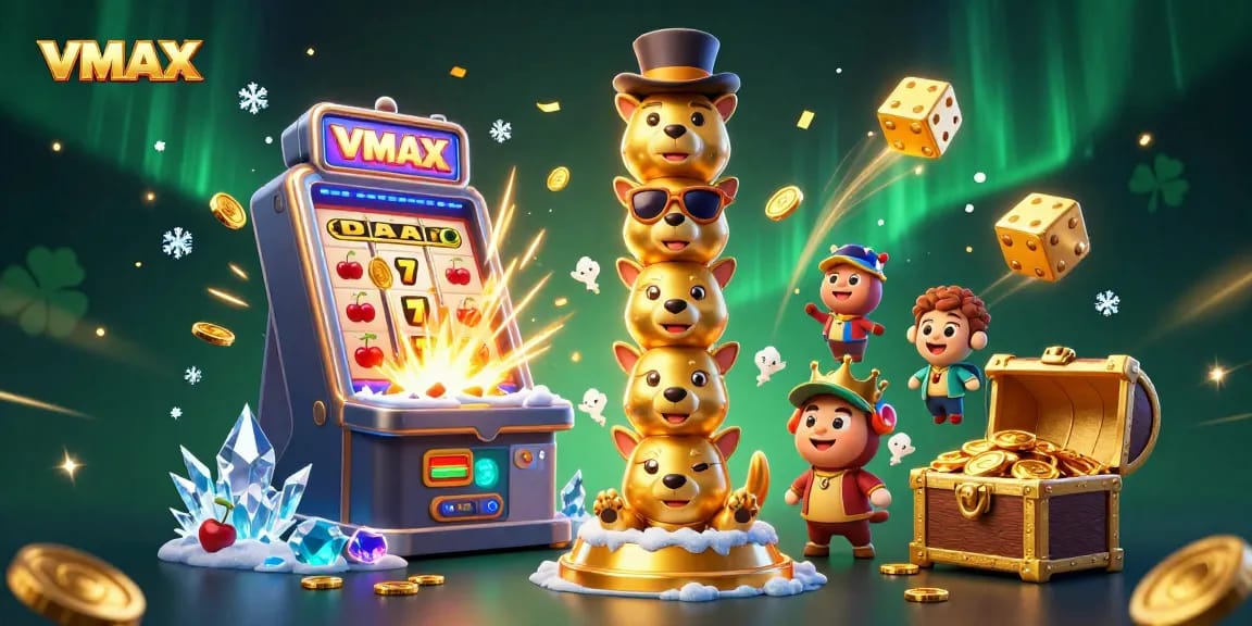 Experience the excitement of VMAX gambling with a vibrant casino-themed illustration featuring dynamic characters and elements.