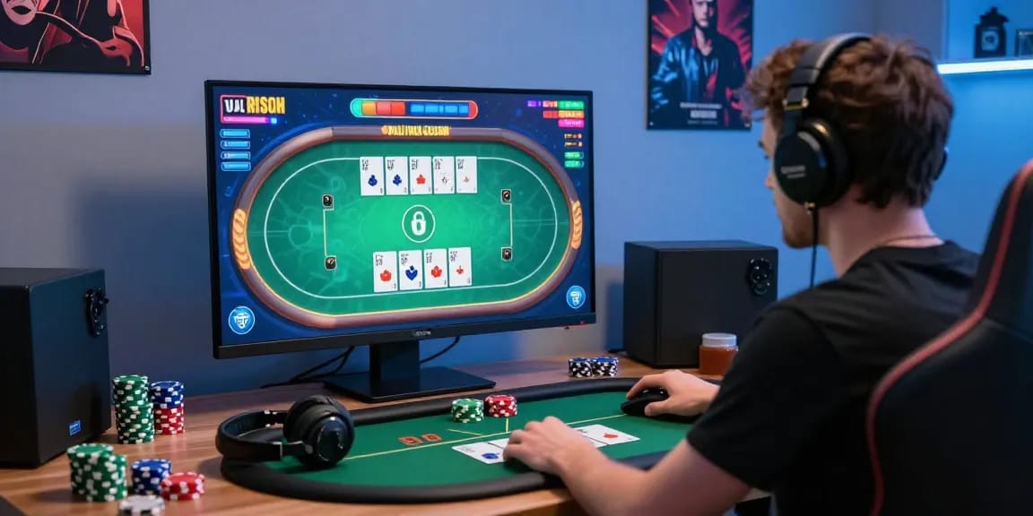 Dewapoker player immersed in online poker game with colorful interface in a secure gaming environment