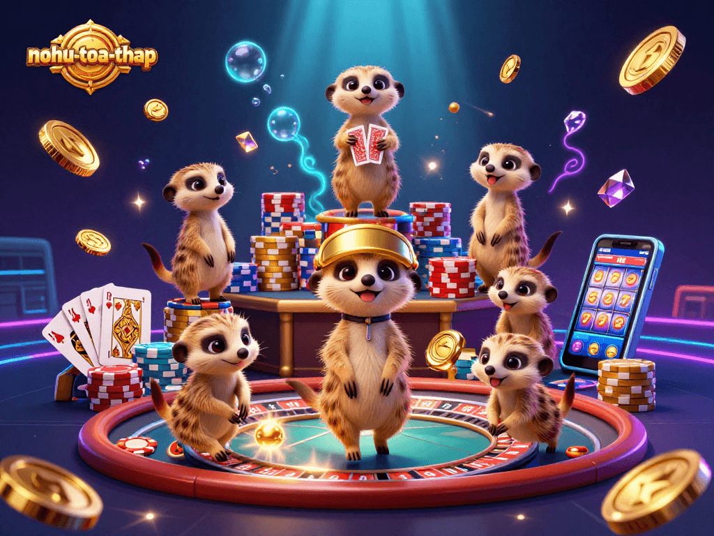 Nohu-toa-thap showcases meerkats running a dynamic casino, featuring golden coins and energetic gambling elements.
