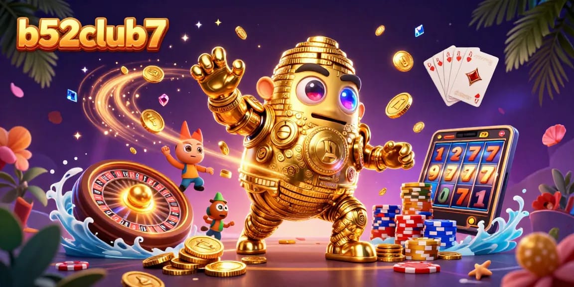 Spin the reels with b52club7, featuring a golden golem, casino elements, and vibrant, dynamic action.