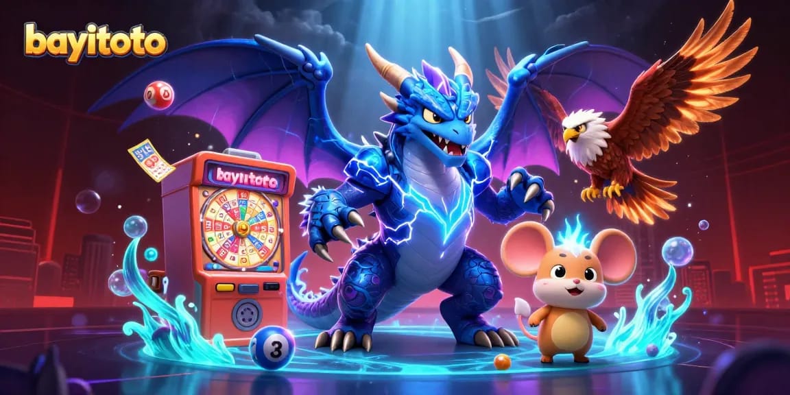 bayitoto players enjoying lottery excitement with vibrant elements like bingo cards and numbered balls in an animated scene