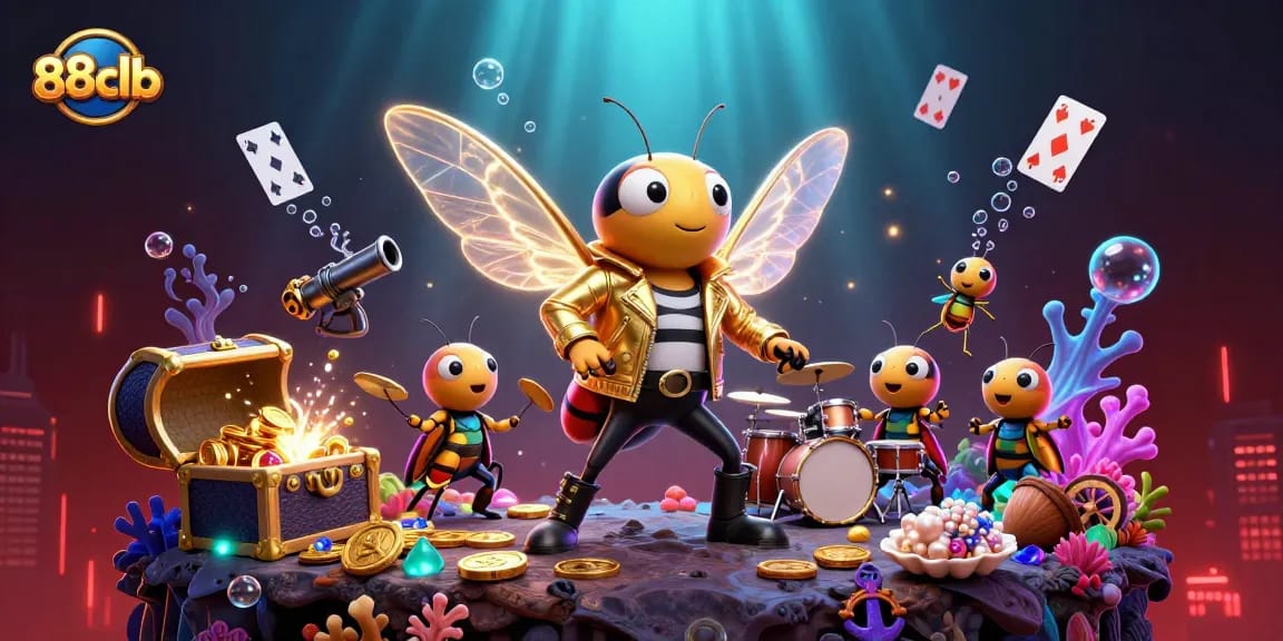 Play at 88clb and witness a vibrant SLOTS scene with treasure chests and animated characters