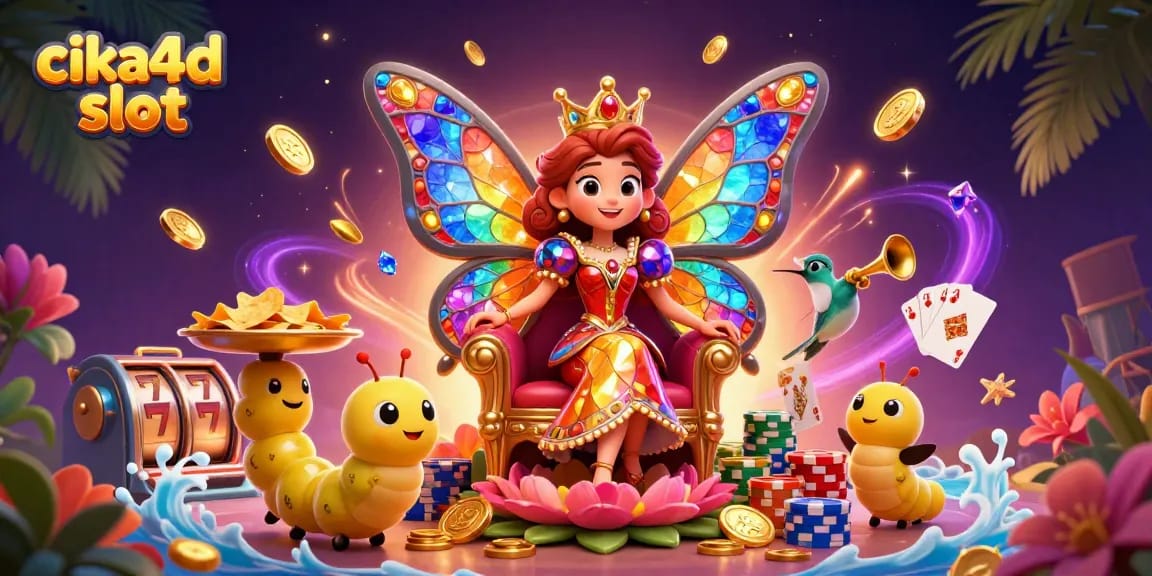 Spin to win with cika4d slot featuring a vibrant butterfly queen in a rich casino scene.