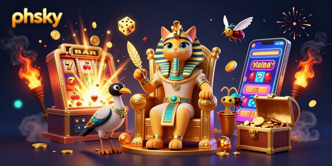 Experience phsky with a vibrant 3D casino illustration featuring a pharaoh cat and exciting game elements.