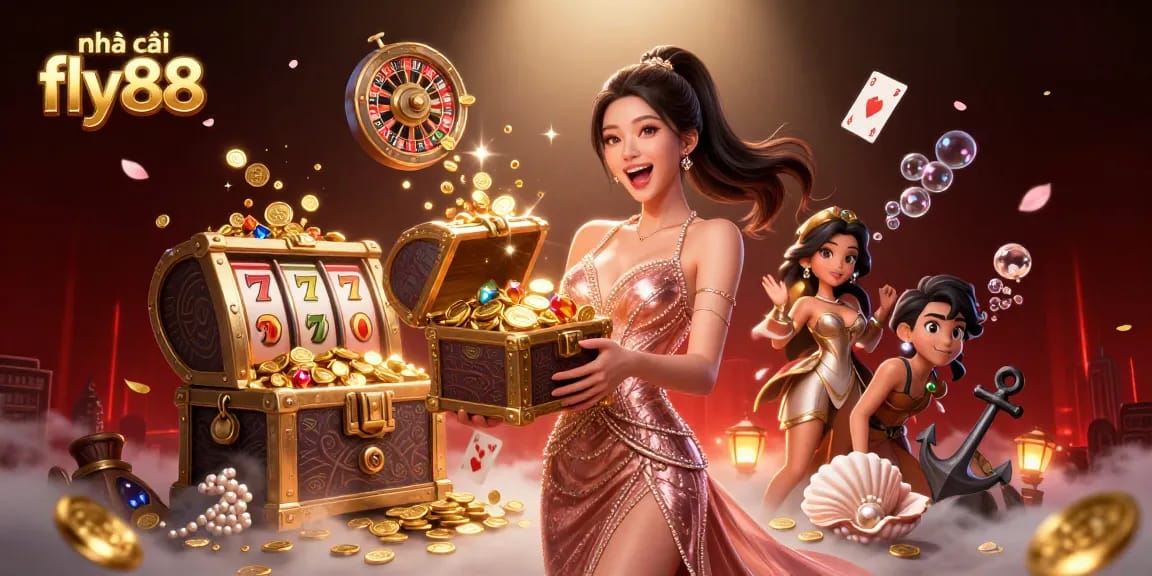 Engage with nhà cái fly88 through a vibrant casino scene filled with treasures and exciting game elements.