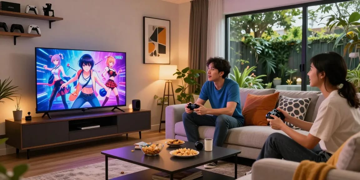 Enjoying hentai games in a cozy living room with friends and gaming accessories.