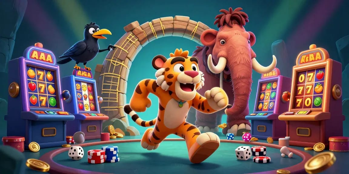 qs88 offers exciting gaming thrills as a caveman and sabertooth tiger run a dynamic prehistoric casino.