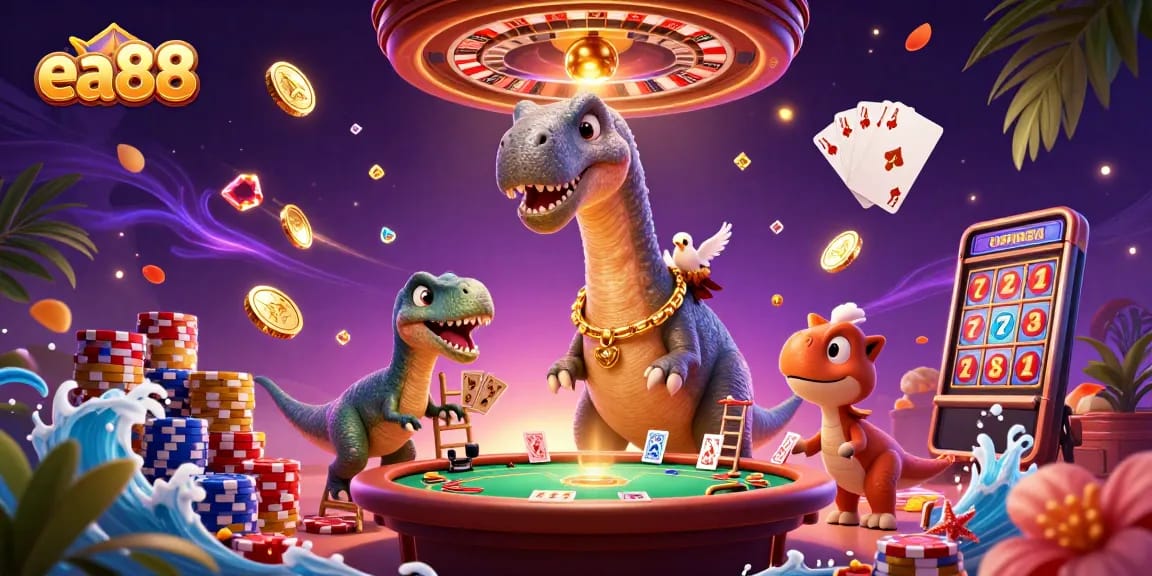 ea88 celebrates vibrant casino gaming with a towering dinosaur and clever raptor dealing cards amidst dazzling gold.
