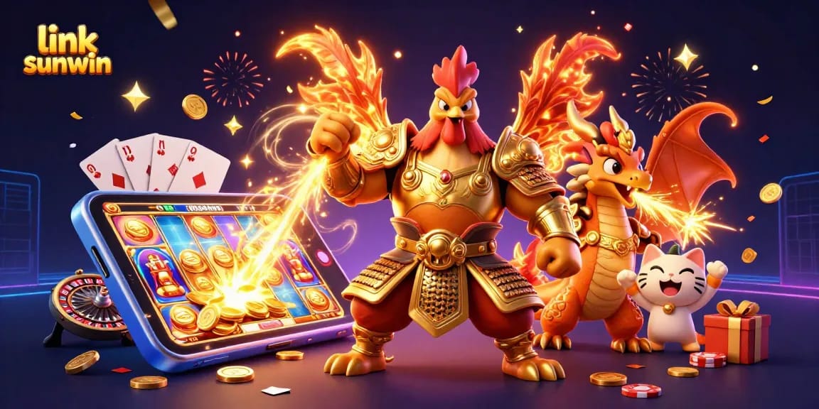 Engage with link sunwin through vibrant casino-themed 3D illustration showcasing exciting games and characters.