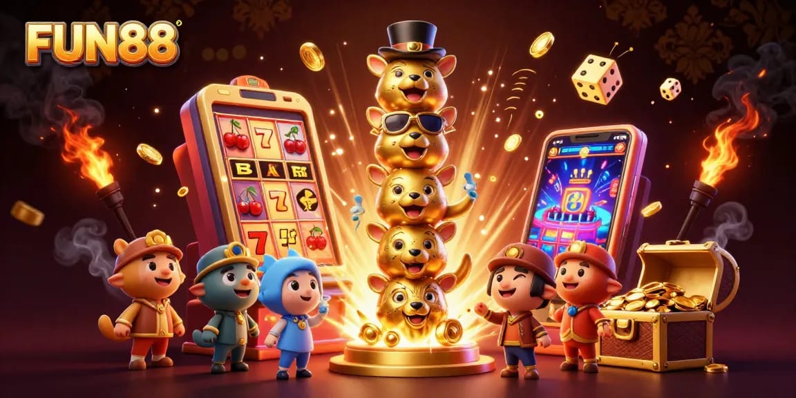 Experience vibrant FUN88 casino thrill with dynamic slot machines and 3D characters alive in rich detail.