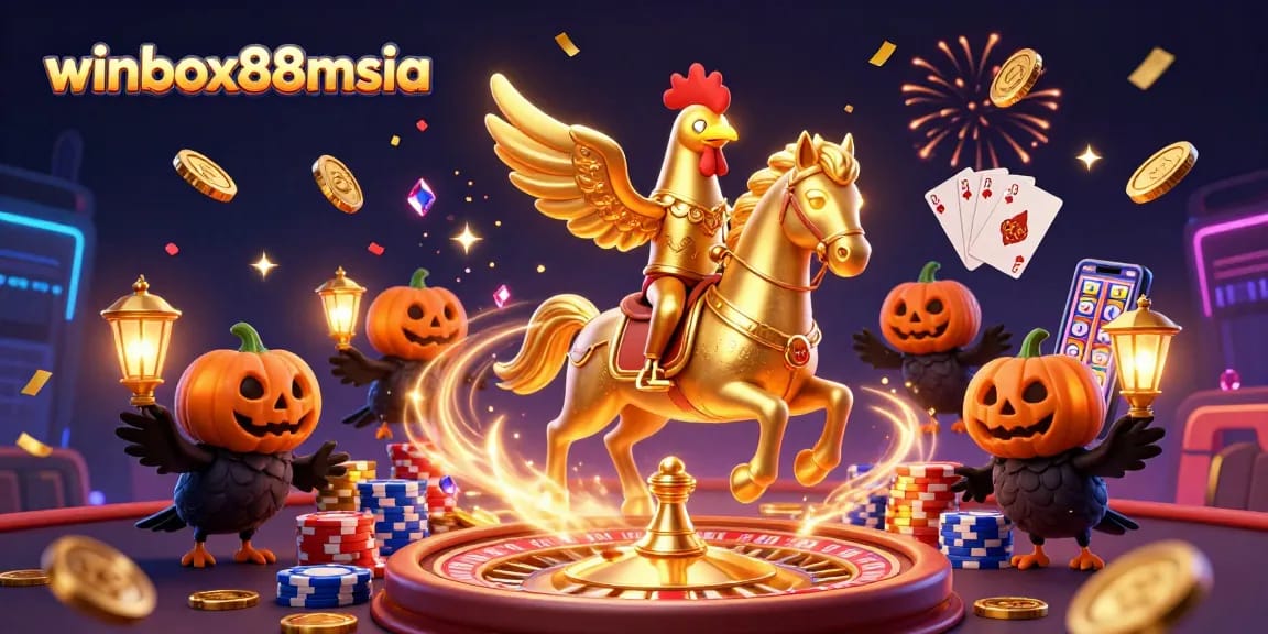 Winbox88msia showcases vibrant casino action with a golden rooster and gems in a thrilling scene.